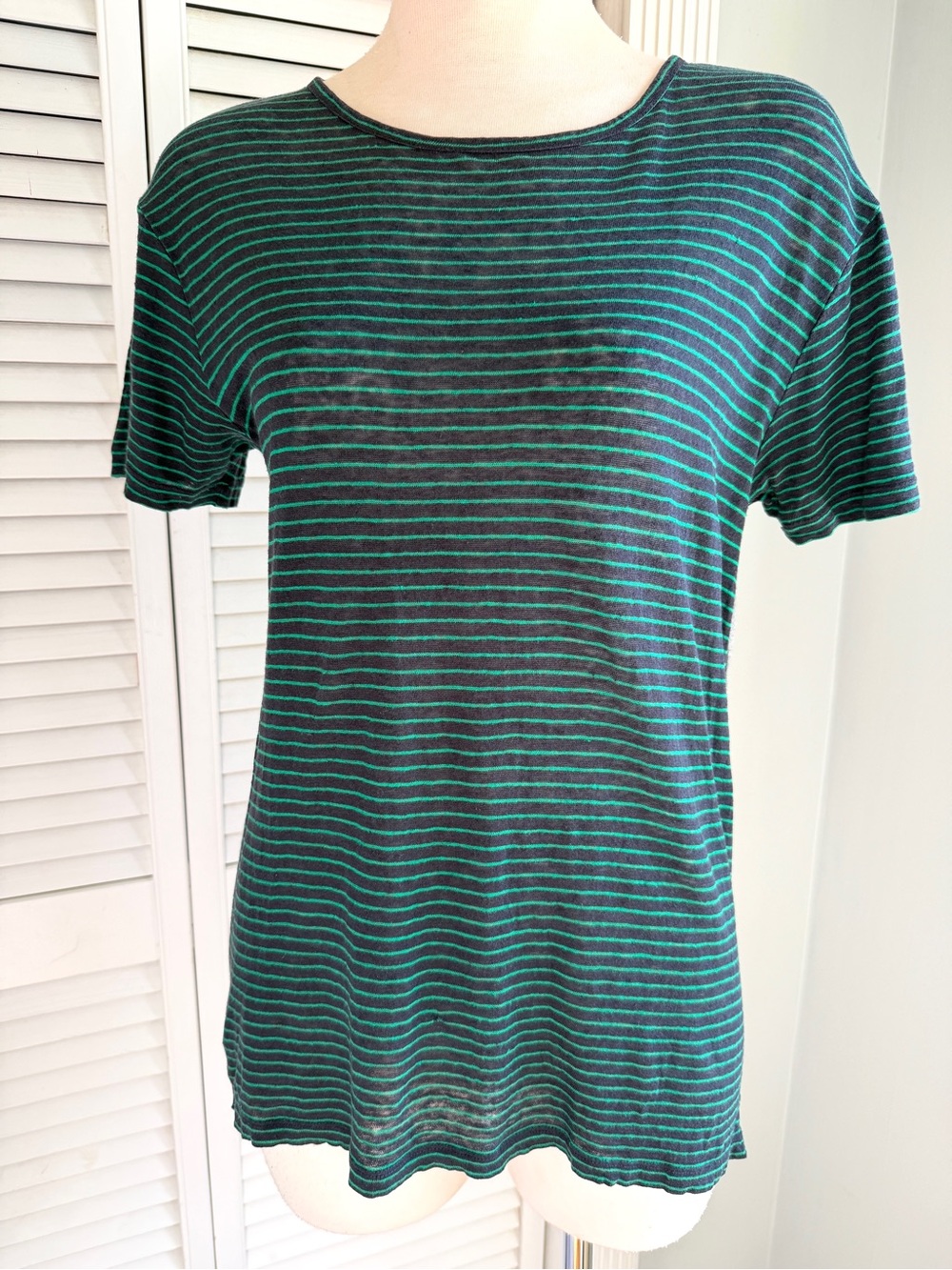 XS🪴 T by Alexander Wang Linen Viscose Silk Navy Blue Green Striped Sweater